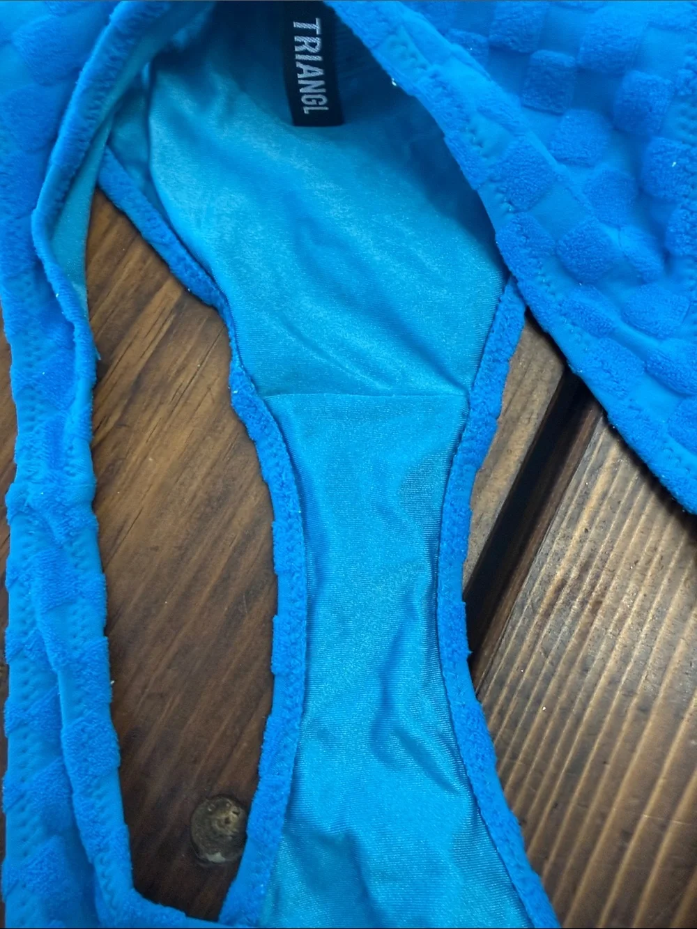 triangl swimwear Bright Blue Textured Check Bikini Set.  Too large/Bottom XL.